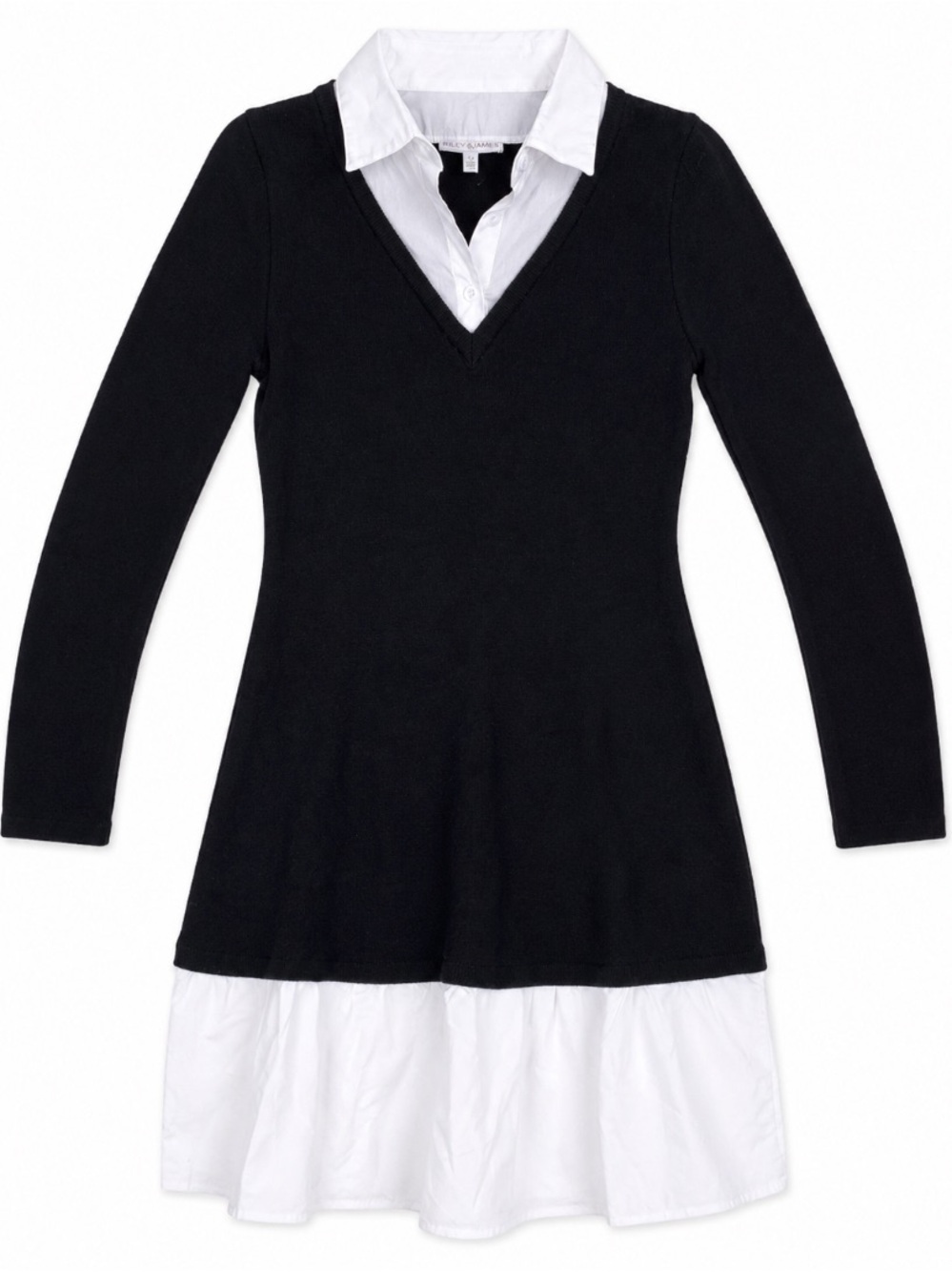 🆕 Riley & James • Black • V‑Neck • Sweater Dress • White Shirt Hem